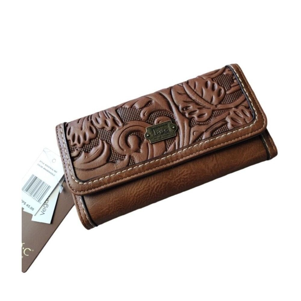 BOC Born Concept Vegan Trifold Leather Wallets Brass Saddle Logo Coin ID